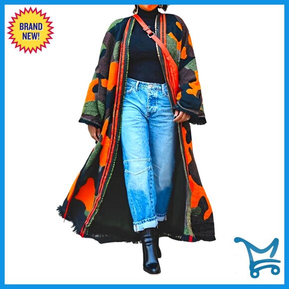 Large Open Front Fringe Cardigan Chunky Cable Knit Long Duster Sweater